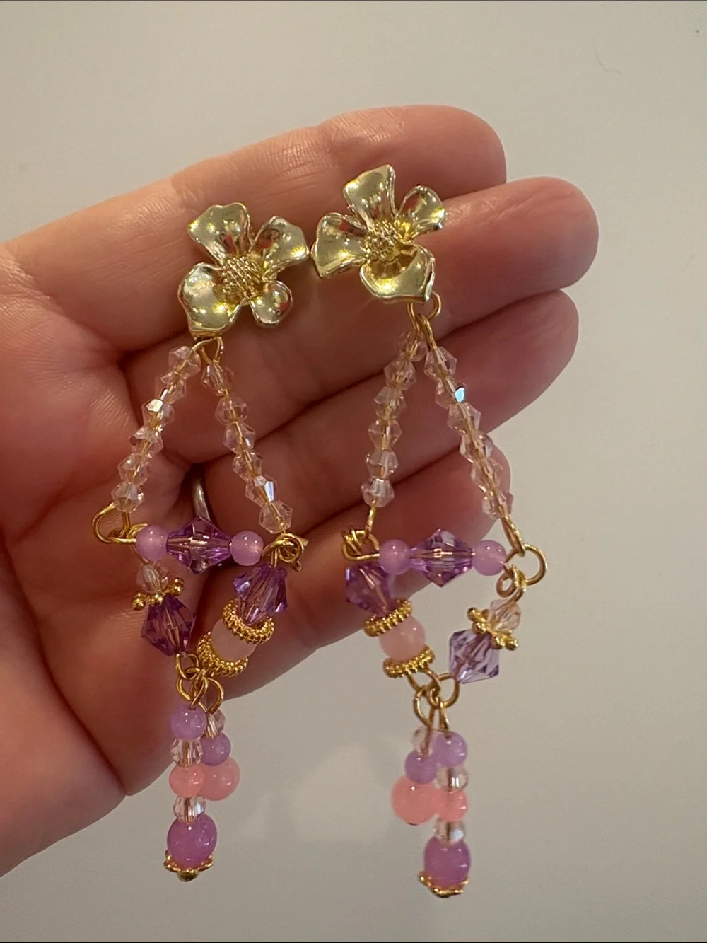 Gold Floral Drop Earrings with Pink and Purple Beads-NWT